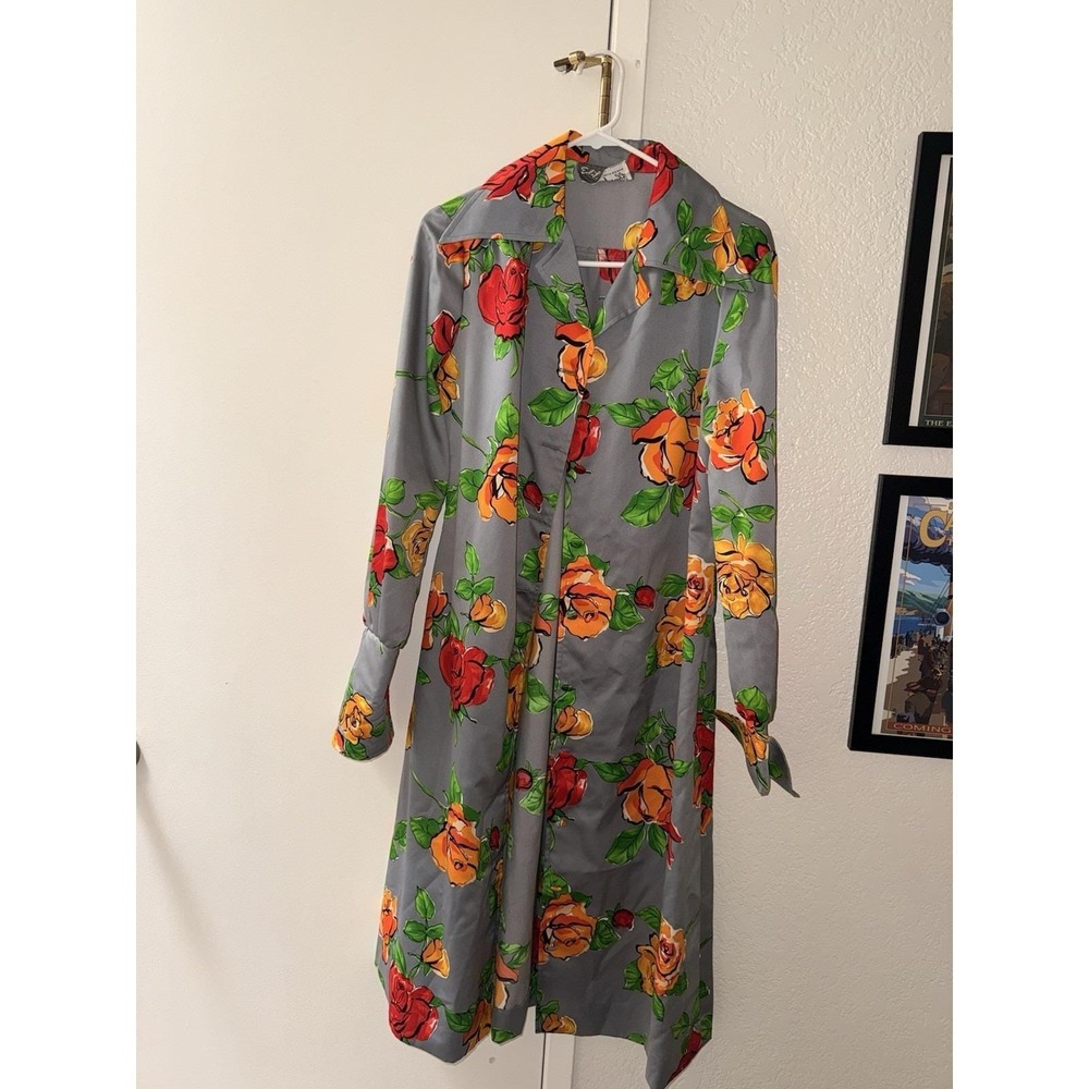 Vintage Edith Flagg California Gray Floral Shirt Dress Coat Mod Rose Print M/L